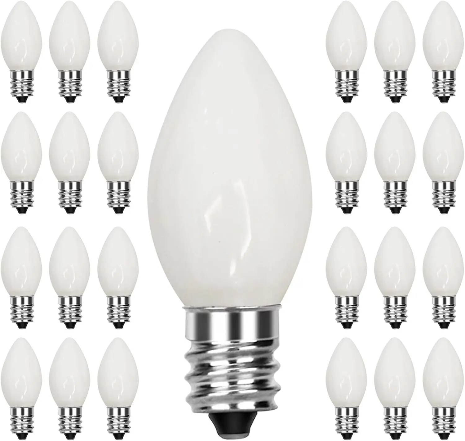 25-Pack UL Certified Waterproof C7 Opaque White LED Christmas Replacement Bulbs, 0.6W Equivalent 7W Incandescent Low-Watt Candelabra Bulbs for Halloween, Indoor Holiday Lighting
