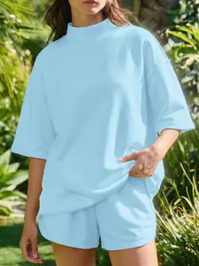 Women's 2 Piece Outfits Lounge Sets Oversized Mock Neck T-Shirt and Casual Shorts Sweatsuits Summer Tracksuit with Exposed Seam