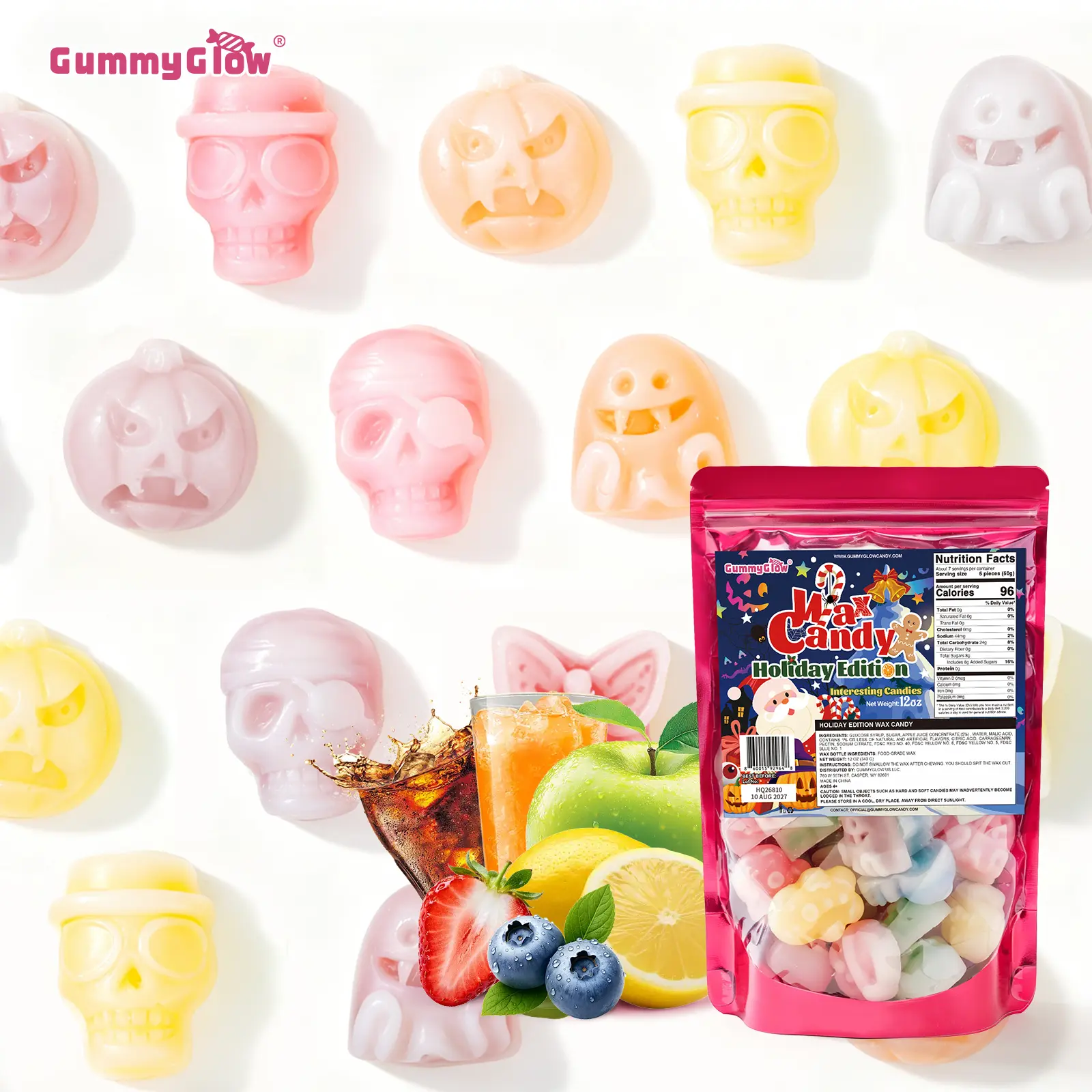 Holiday & Halloween Edition!!! New Flavor Wax Candy 12oz Pack Christmas New Shapes & New Flavors Retro ASMR Sweet Bonbon Snack Viral Tiktok Trend Colorful Festive Halloween Wax Candies GUMMY GLOW Party Treats Variety Fruitsnacks Wax Candy Bombs