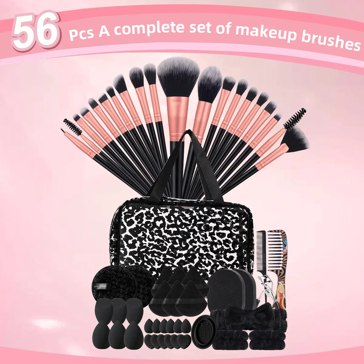 56-piece Facial Makeup Tool Set, 20 Makeup Brushes & Toiletry Bag & Hair Tie & 2 Wrist Straps & 6 Large Makeup Sponges & 6 Fan Powder Puffs & 6 Mini Makeup Sponges & 2 Face Powder Puffs & 6 Thumb Powder Puffs & 2 Pearl Cotton Face Powder Puffs...