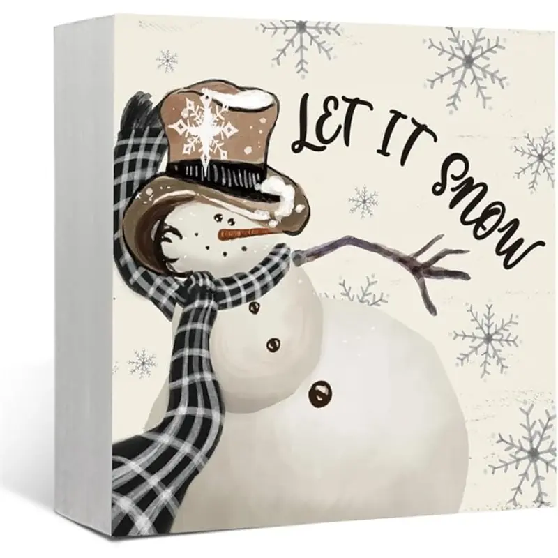 Vintage Christmas Snowman Wooden Box Sign Decor, Let It Snow Winter Christmas Decorations Wood Block Signs, Retro Xmas Rustic Snowman Wood Sign for Home Bedroom Office Desk Shelf Wall Decor,5x5 inch