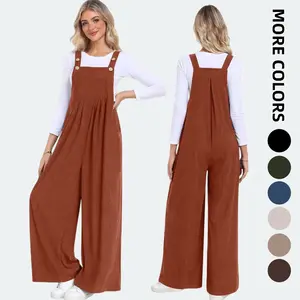 Womens Casual Corduroy Overalls Baggy Pants Wide Leg Jumpsuits Adjustable Straps Rompers with Pockets