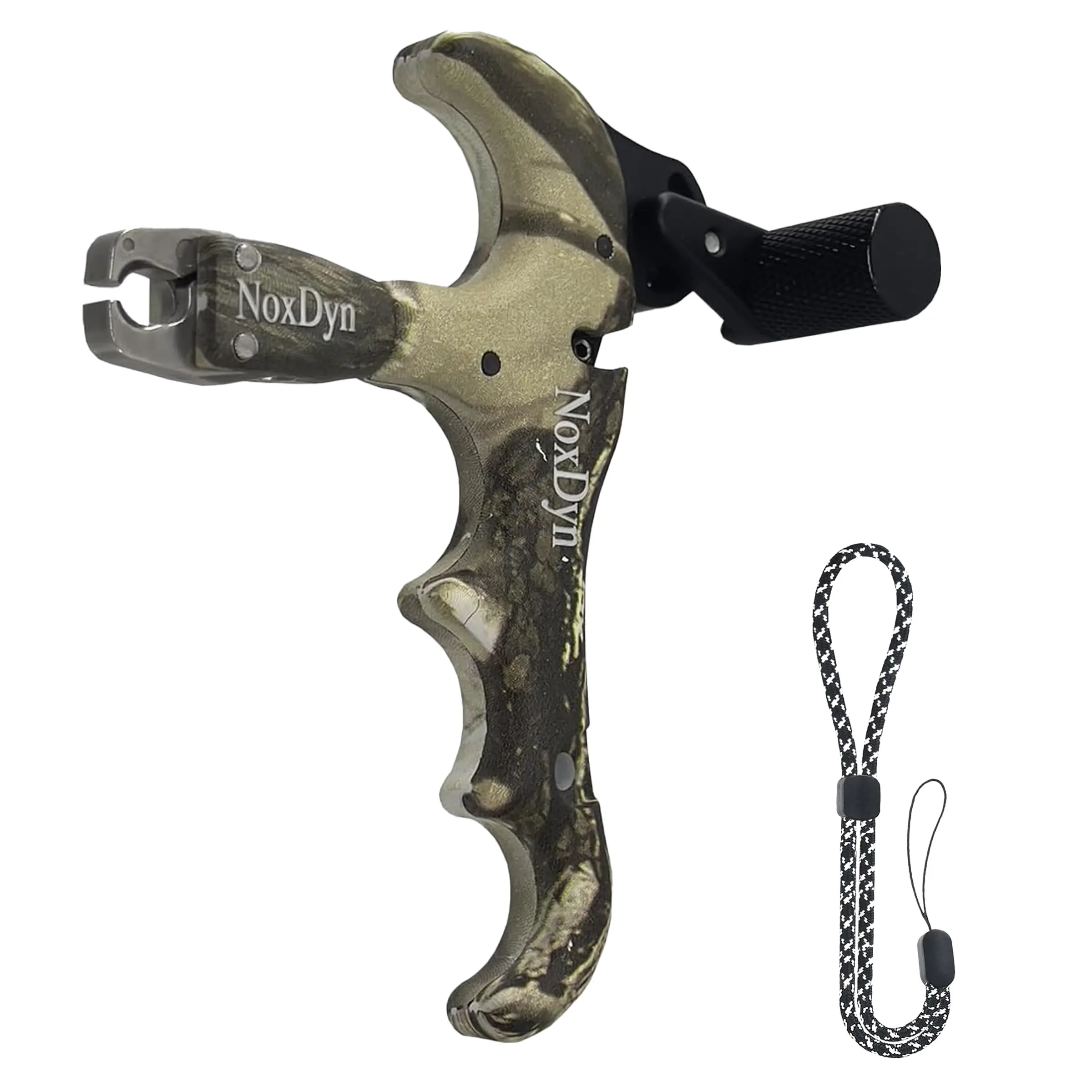 NoxDyn 4-Finger Bow Release for Compound Bow, Adjustable 360° Rotation Grip, Flexible Accuracy Tool (Camo Pattern), Releaser, Universal Compatibility, Sturdy Design, Tension, Skill Levels