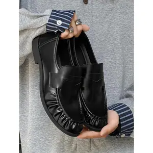 Men's Single Color Patchwork, Patent Leather Slip-On Low Top Loafers with Tassels, Fashion Moccasins for Business & Casual Wear