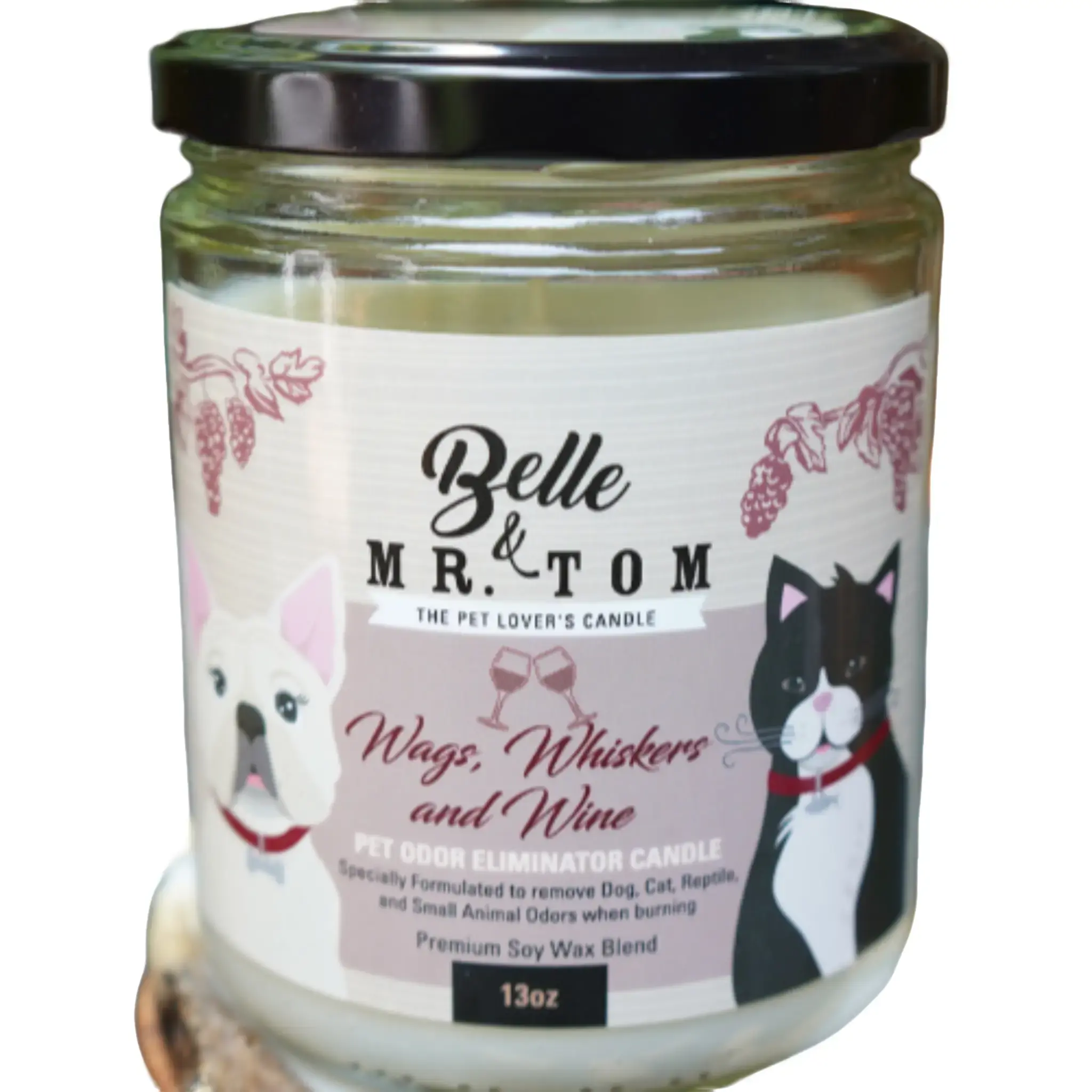 Wags, Whiskers & Wine Pet Odor Eliminator Candle - Luxury Shiraz Scented 13oz Soy Blend Candle for Dog & Cat Owners