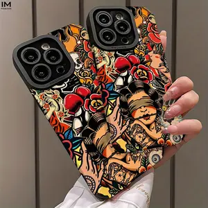 Phone Case: Colorful Vintage Tattoo-Style Art,  Creative Design, Suitable for iPhone 16, 15, 14, 13, 12, 11, 7, 8, X, XS Phone Case, Stain-Resistant, Stylish, Trendy, Internet-Famous