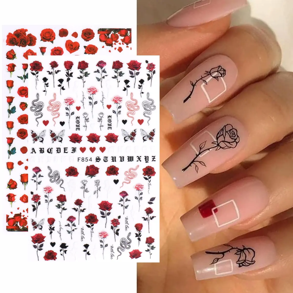2 Pcs Romantic Rose French Nail Art Stickers, Butterfly Rose Snake Pattern Valentine's Day DIY Self-Adhesive Nail Decals, Flower Nails, Nail Designs, Suitable for Women and Girls