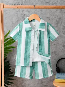 Boys' Striped Shirt & Shorts Set, Stripe, Casual Loose Fit, Summer Vacation Wear, Outdoor Sports & Daily Use, Striped Sets, Set Outfit
