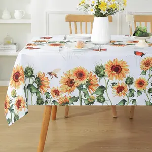 SASTYBALE Sunflower Table Cloths Rectangle Summer Tablecloth, Water Proof Wipe Clean Dust-Proof White Polyester Fabric Table Cover for Fall Kitchen, Party, Picnic, Indoor, Outdoor