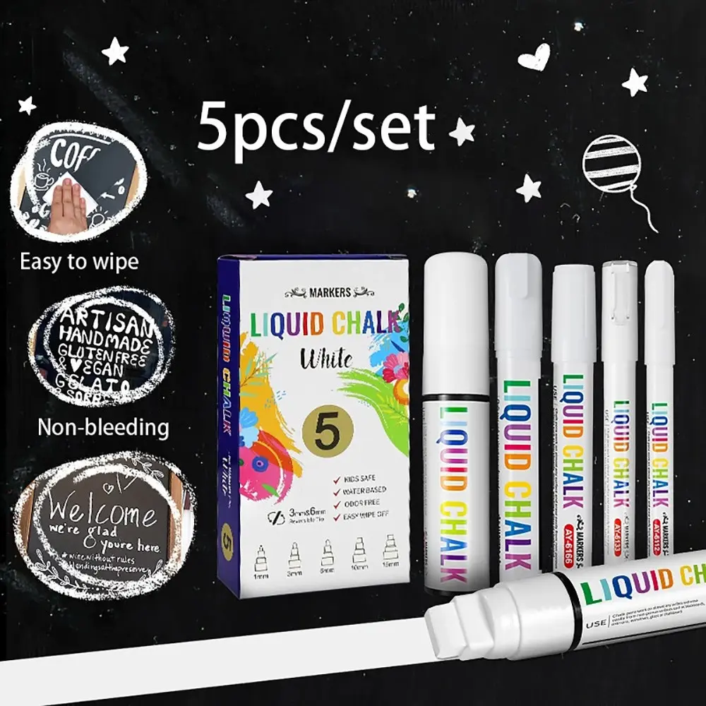 5-Pack Marker Pens, Erasable Liquid Chalk Markers, Water-Soluble Dust-Free, Eco-Friendly, No Odor, Blackboard Pen for Daily Use