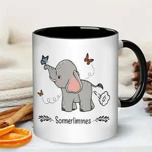 11 Oz Adorable Elephant Coffee Cup - 11Oz Ceramic Cup Featuring a Humorous Cartoon Elephant Design, Black Handle And Inside, Unique Gift for Animal Enthusiasts, Ideal for Coffee, Tea, Hot Chocolate, Birthday Present, Suitable for Home Or Office Use