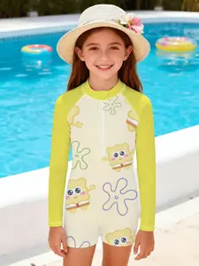 Girls' one-piece swimsuit "SpongeBob Cute and Floral Style" - yellow sleeves with rice-colored base + long-sleeved swimsuit with cartoon starfish print. It's soft, cute and healing, perfect for creating a full atmosphere for summer pool/ beach outfits.