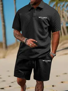 Men's Milan Letter Pattern Printed Casual Polo and Shorts Set, Short Sleeve Regular Length for Daily Outdoor Wear Outfit