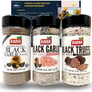Badia Gourmet Trio: Black Garlic Seasoning 6 Oz, Pink Salt 9 Oz & Truffle Sea Salt 9 Oz - QBIN Recipe Card - Variety Pack of 3 Flavor Spice