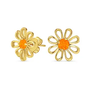 Created Fire Orange Opal Daisy Flower Stud Earrings 14K Gold Plated Sterling Silver