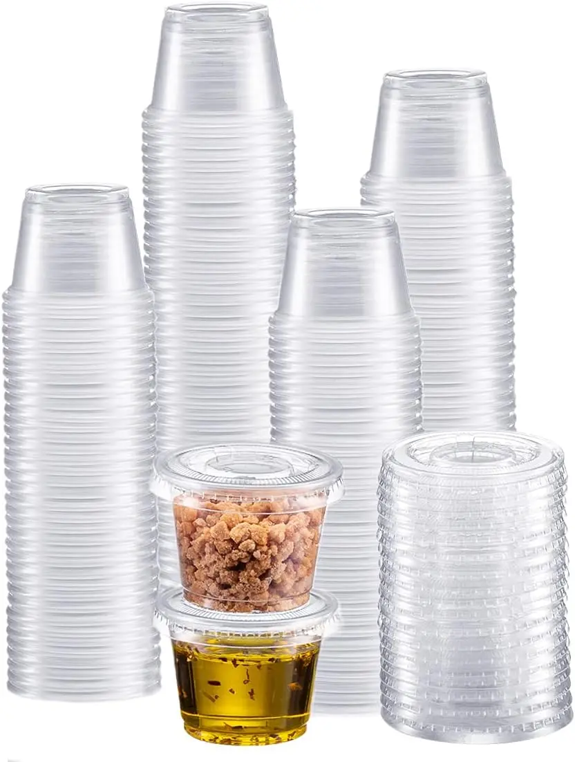 1oz Sturdy Plastic Disposable Portion Cups with Leak-Proof Lids, 200-Pack Stackable Condiment Cups for Meal Prep, Portion Control - Home & Party Tableware Containers