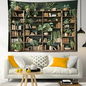 Green Plant Bookshelf Tapestry Book on Bookshelf and Plant Potted Tapestry Wall Hanging Reading Wall Art Decor for Study Room Bedroom Living Room College Dorm