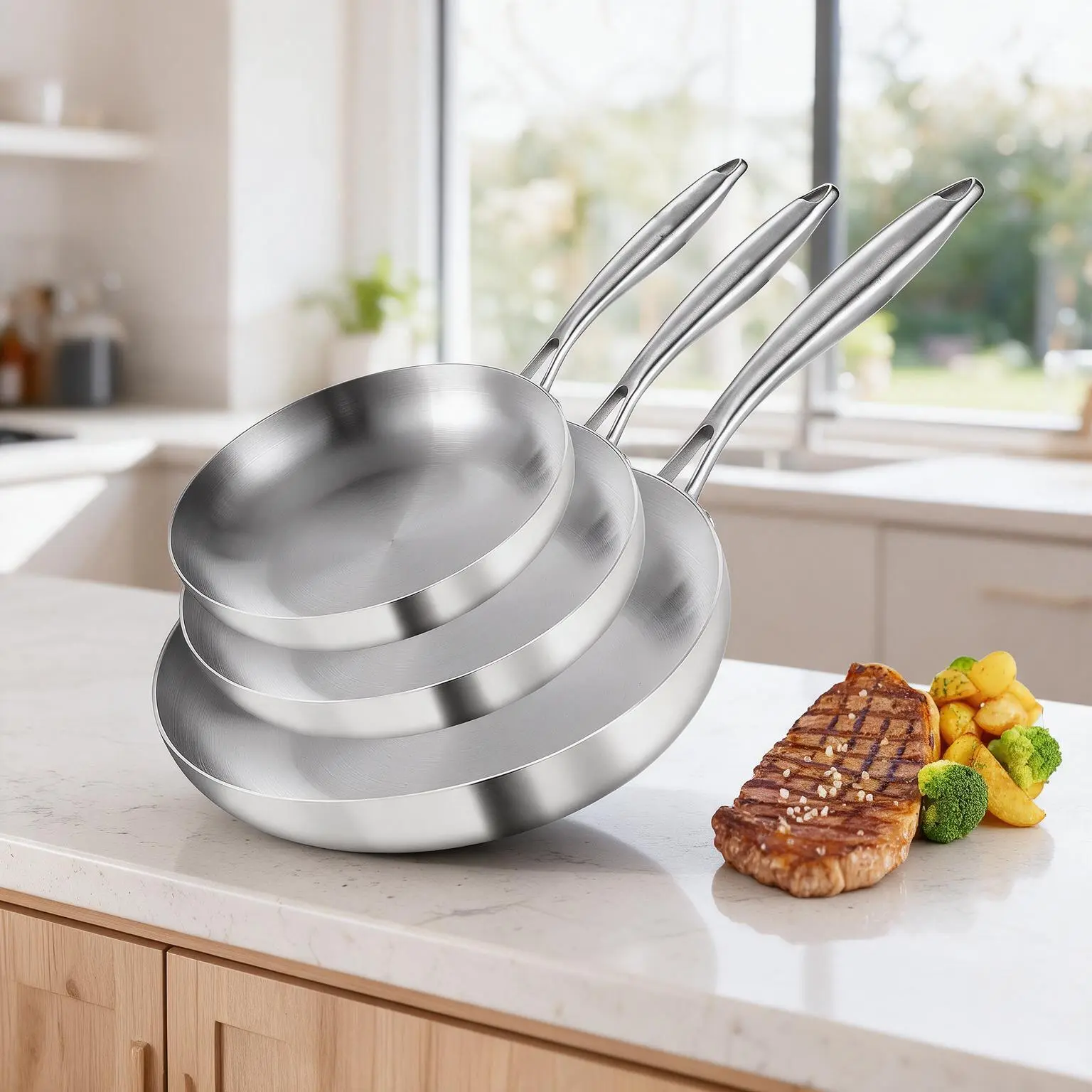 Heavy-Duty Stainless Steel Frying Pan Set (3 Sizes) - Compact Ceramic Skillets, Riveted Long Handles, Induction-Compatible, Oil-Efficient Multi-Cookware Pans & Woks for Steak Cooking, Stackable Stovetop Use