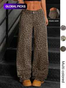 Women's Leopard Print Wide Leg Pants, Bohemian Boho Trousers, Casual Loose-Fit Elastic Waist Button-Fly in Trousers, Boho Casual Bottoms Multiple Colors Available