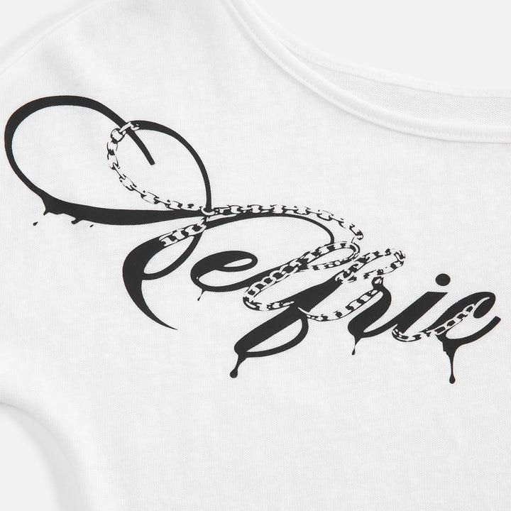 Aelfric Eden Off-The-Shoulder Rhinestone Script Long Sleeve Tee  Slim Fitted Silhouette Asymmetric Off-Shoulder Neckline Rhinestone Gothic Script Print High-Stretch Knit Fabric Y2K Edgy Streetwear Women Top