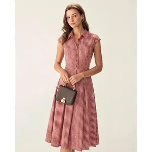 Rihoas Women's Chic Red Plaid Collar Short-Sleeved Waisted Woven Cotton Fabric Casual Midi Dress with Cap Detail, Women's Clothes for Casual Wear
