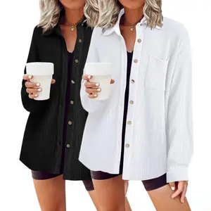 HOTOUCH Waffle Button Down Shirt Women's Casual Knit Tops Long Sleeve Loose Fit Shacket with Pocket 2025 Outfit