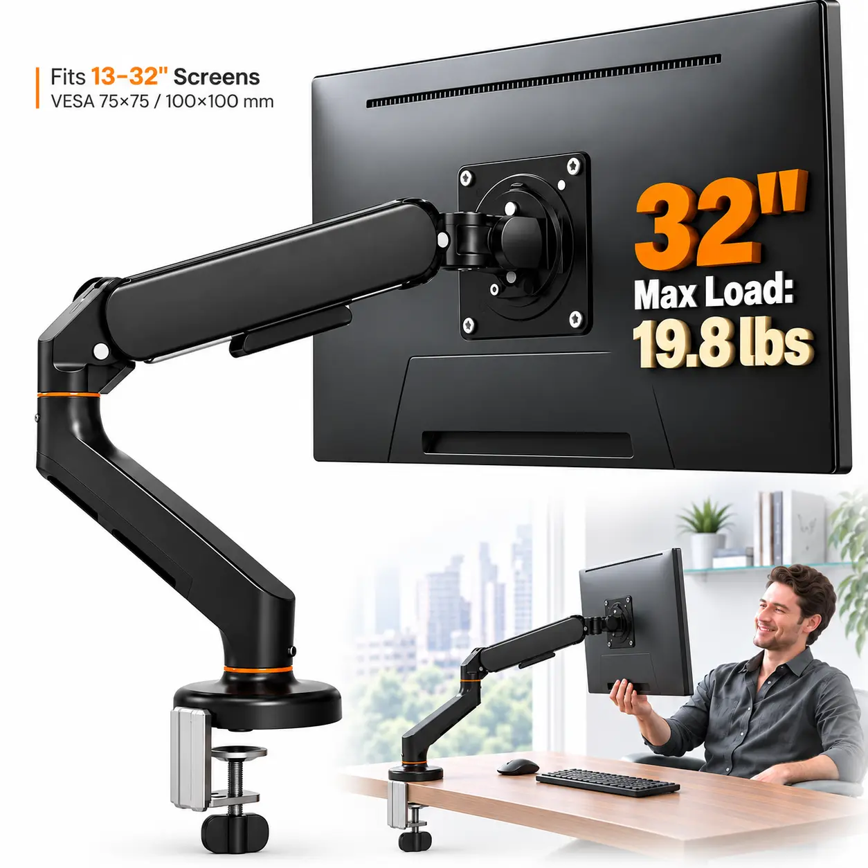 Single Monitor Arm for 17–32" Monitors up to 19.8 lbs, Full Motion Gas Spring Monitor Mount with C-Clamp & Grommet Base, VESA 75x75/100x100 Aluminum Desk Stand for Flat and Curved Screens