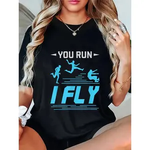 Women's T-shirt You Run I Fly 180g Black Cotton Crewneck Short Sleeve Basic Streetwear for Running Fitness Urban Fashions Marathons Daily Training Sustainable Athleisure Style New Season Top Womenswear Tshirt Summer Casual Fitted Shortsleeve
