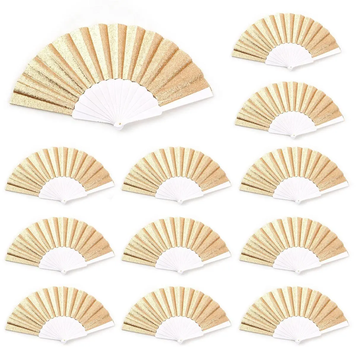 QYKF 12 Pack Large Gold Folding Hand Fans, Clapping Popping Hand Fans for Rave Party Line Dancing Bulk Supplies