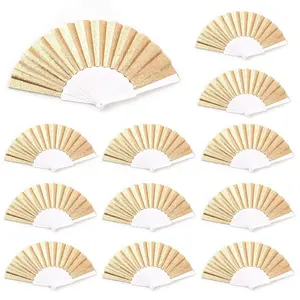 QYKF 12 Pack Large Gold Folding Hand Fans, Clapping Popping Hand Fans for Rave Party Line Dancing Bulk Supplies