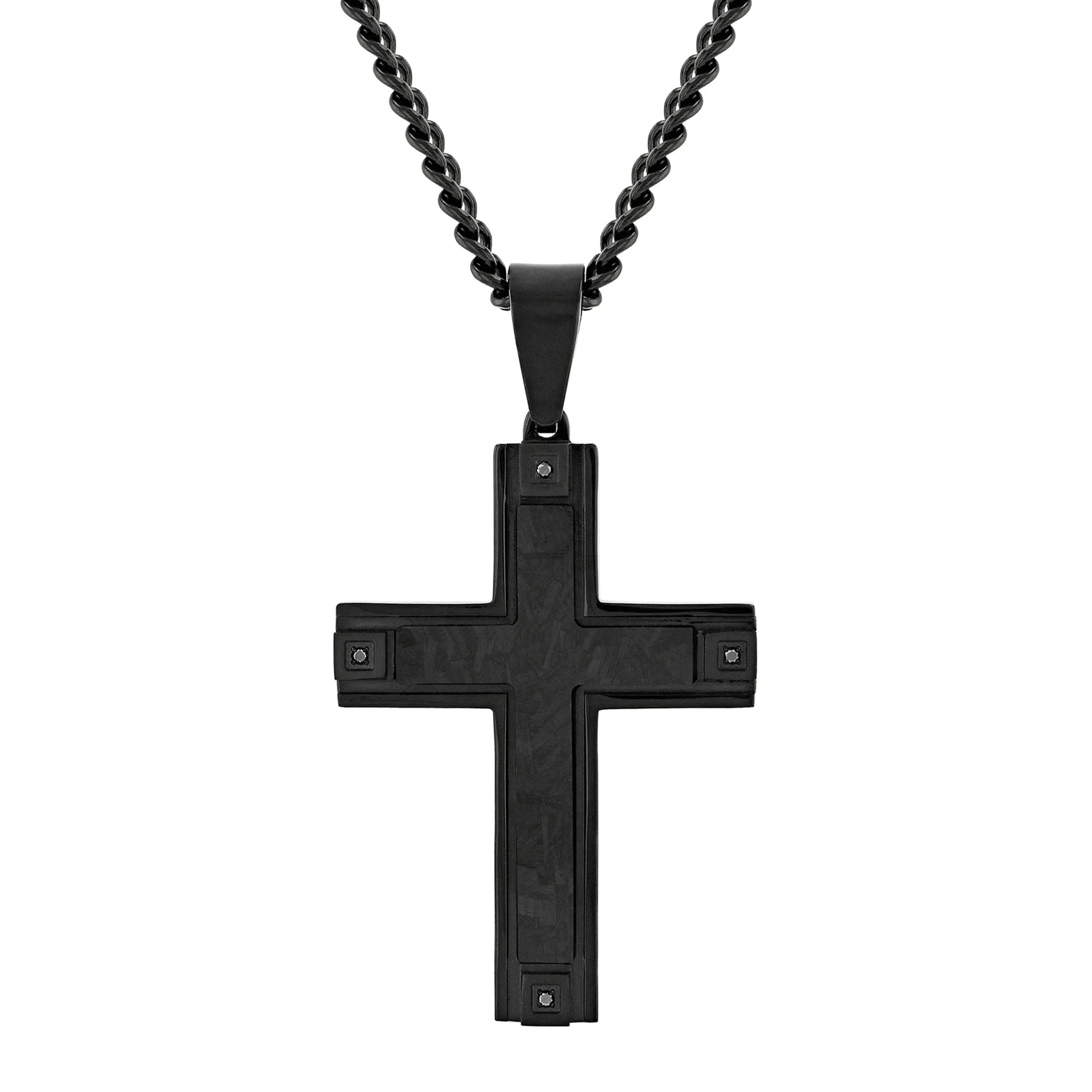 Men's Black Diamond & Forged Carbon Fiber Cross Pendant - Forged Carbon Fiber Center, Black Ion-Plated Tungsten Frame, Diamond Accents at Each Corner, Layered Depth, Subtle Refined Look, Durable Charms & Pendants for Men