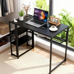 35" Folding Computer Desk with Storage Shelf, No Assembly Needed Space-Saving Writing Table,  Small Computer Desk for Small Spaces, No Assembly Writing Table for Remote Work Corner Reading Room