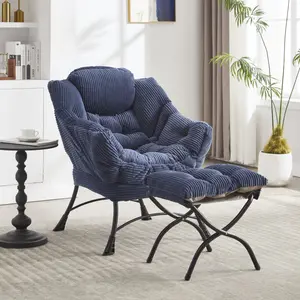 Lazy Chair with Ottoman, Modern Lounge Accent Chair with Armrests and a Side Pocket, Leisure Upholstered Sofa Chair Reading Chair with Footrest for Small Space, Corner Chair-Navy