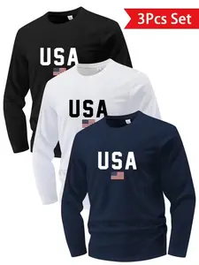 Men's Geometric Print Long Sleeve Sporty T-Shirt Set, Lightweight Breathable Quick-Dry Fitness Running Top, 3 Piece Pack, Gym Clothes Set