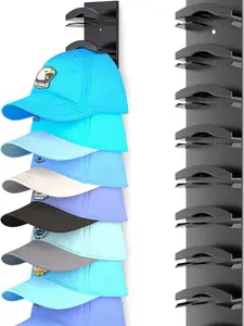 Hat Organizer for Baseball Caps, Hat Rack for Wall with Strong Adhesive Hold up to 10 Hats, Hat Hanger Holder Display for Door Closet, Cap Organizer Storage Multilayer Two Mounting Option(Black)