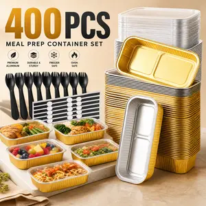 400-Pack Disposable Aluminum Foil Pan Set with Lids Spoons Stickers - High-Temp Oven-Safe Bakeware for Baking BBQ Party, Food-Grade Cooking Storage Container