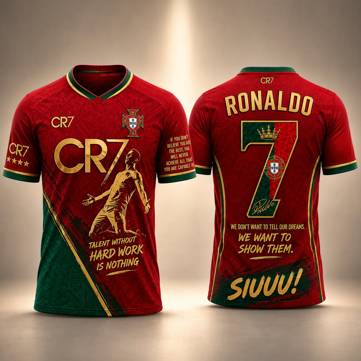 CR7 Soccer Jersey, Red Green Football Jersey, CR7 Inspirational Graphic Shirt, Game Day Soccer Fan Outfit, Football Supporter Gift for Men & Women