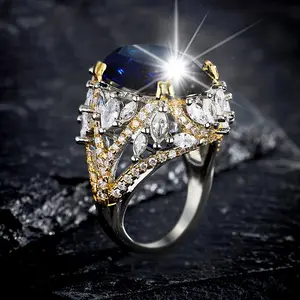 Regal Two-Tone Statement Ring for Women | Large Marquise-Ellipse Simulated Sapphire Ring | Vintage Royal Court Luxury Jewelry | Bold High-End Fashion Accessory