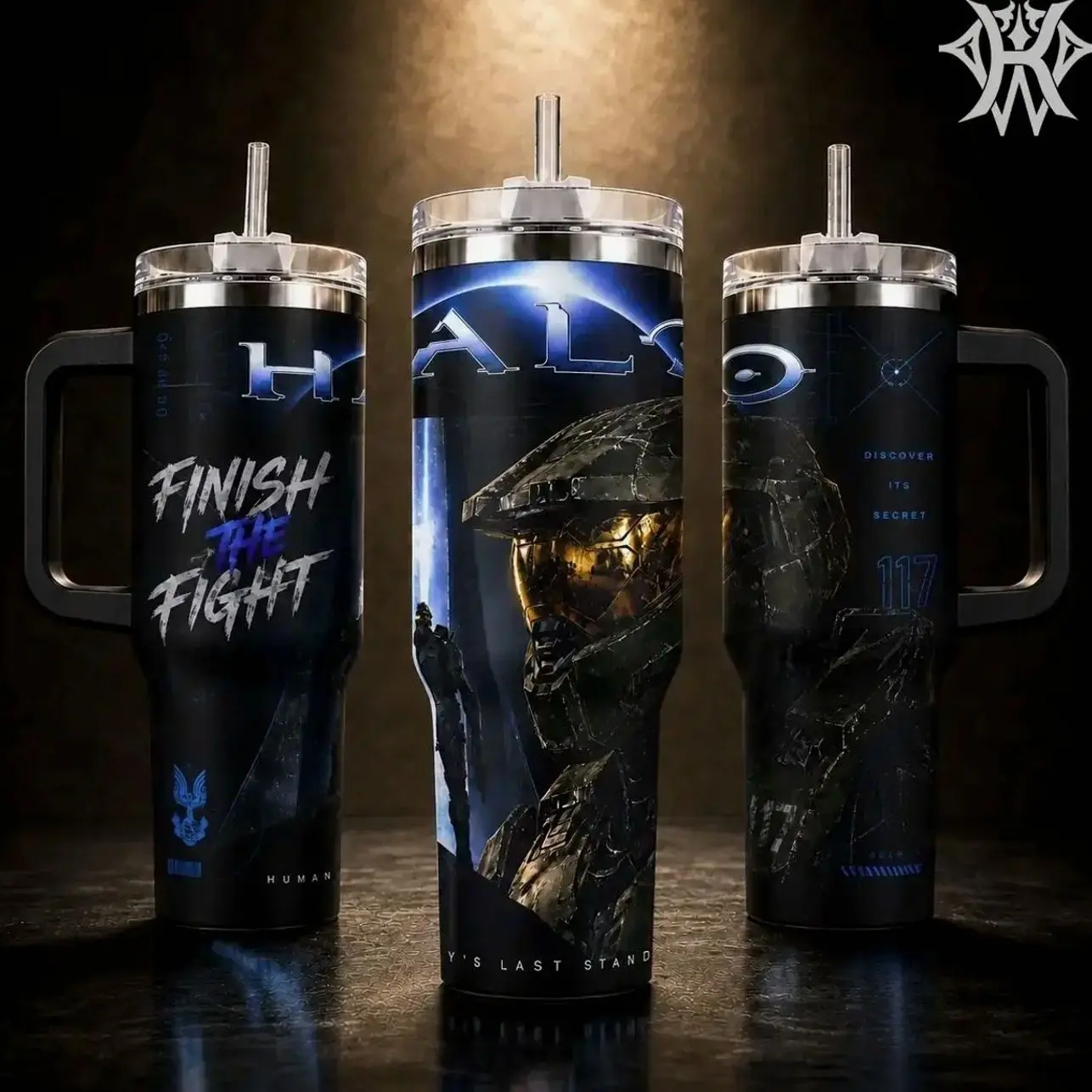 Halo Master Chief 117 Finish the Fight 40oz Tumbler Insulated Stainless Steel Travel Mug, Gaming Merch Gift for Him Men Boyfriend, Leak-Proof Water Bottle Coffee Cup Straw