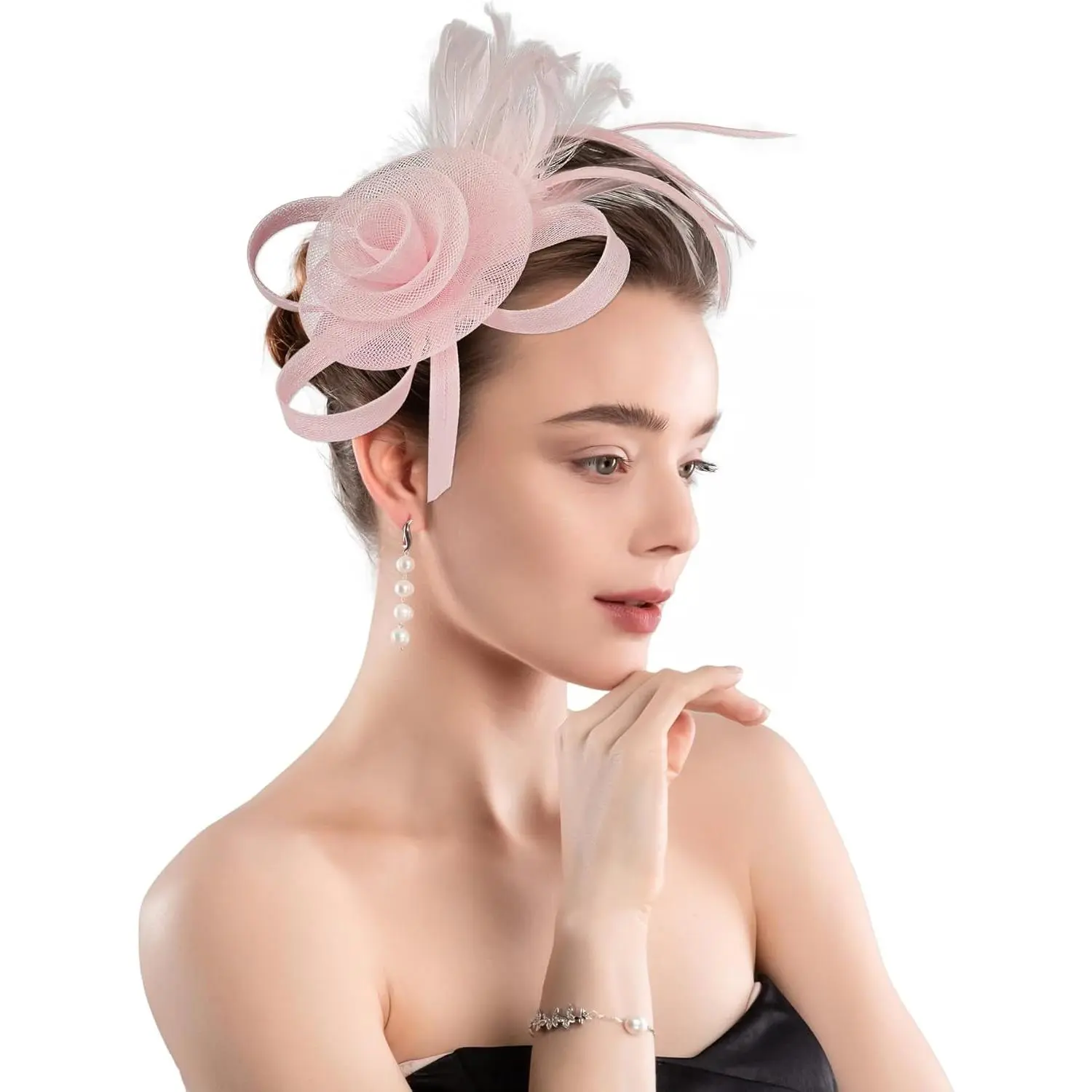 Women's Floral Mesh Fascinator with Feathers, Minimalist Bridal Accessory with 2-in-1 Clip and Headband for Weddings & Prom Events, Minimalist Headpiece, Elegant, Mothers, Synthetic, Feather Accents, Bridal Shower, Elegance, Bridal Sheer Headpieces