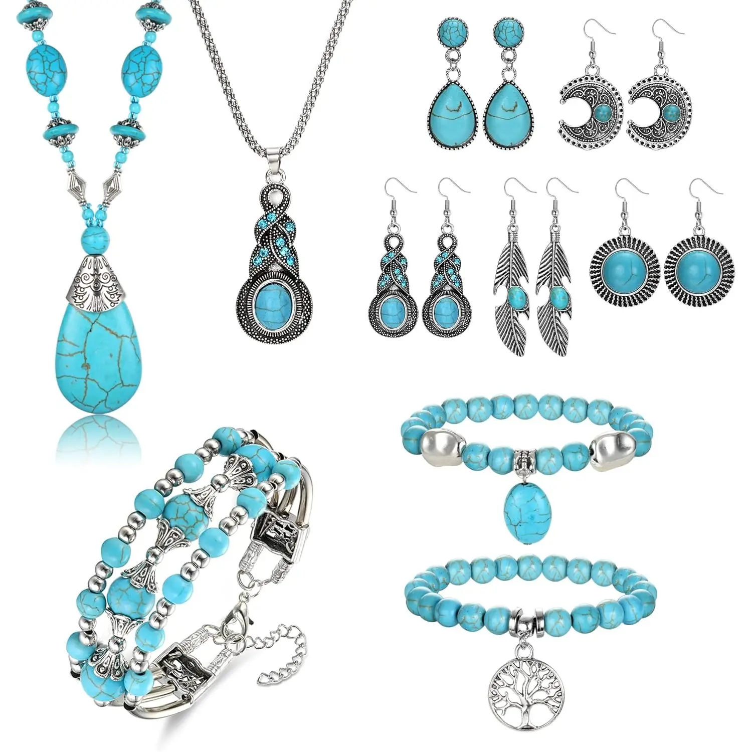 FUNRUN Western Turquoise Jewelry Set for Women - Boho Vintage Pendant Necklace, Stackable Bracelets & 5 Pairs Dangle Earrings - Retro Cowboy Jewelry Gift Set