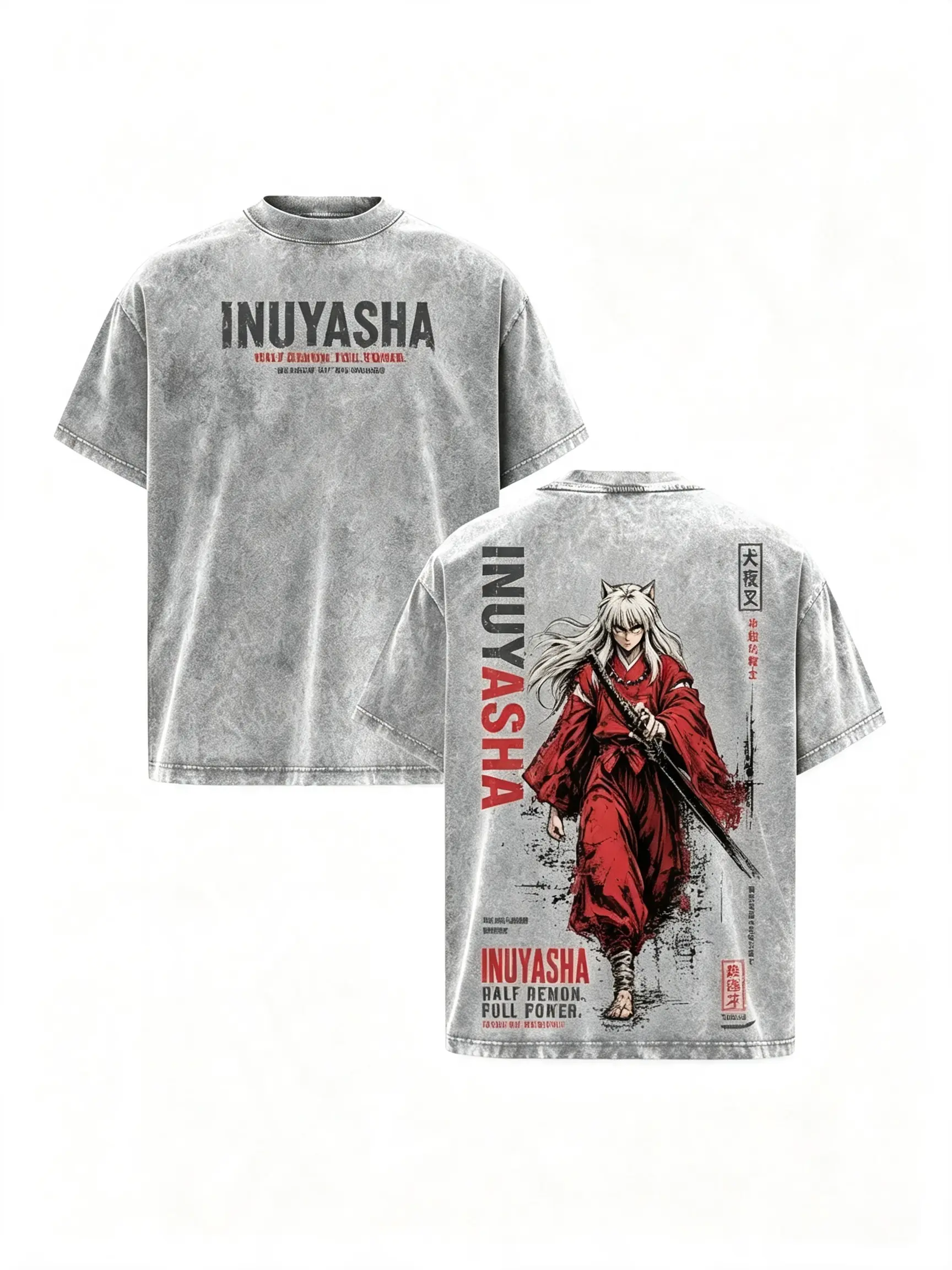 Inuyasha Tessaiga Warrior Vintage Washed Graphic Tee Manga Anime T-Shirt Streetwear Top Apparel Oversized Heavy Cotton Unisex Gift for Classic Anime Fans soft casual double print