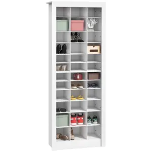 71" Tall Shoe Storage Cabinet – White. 3 Heights of Open Cubes (Holds 36 Pairs). Narrow 12.5" Depth. 26.5" W x 12.5" D x 70.75" H. Max US Size 9.5