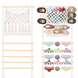 Macrame Hair Claw Clip Organizer,Large Capacity Mesh Bag Scrunchies Holder and Hair Ties Organizer for Women Girls,Hair Accessorie Hanging Storage Home Decor Wall,Door