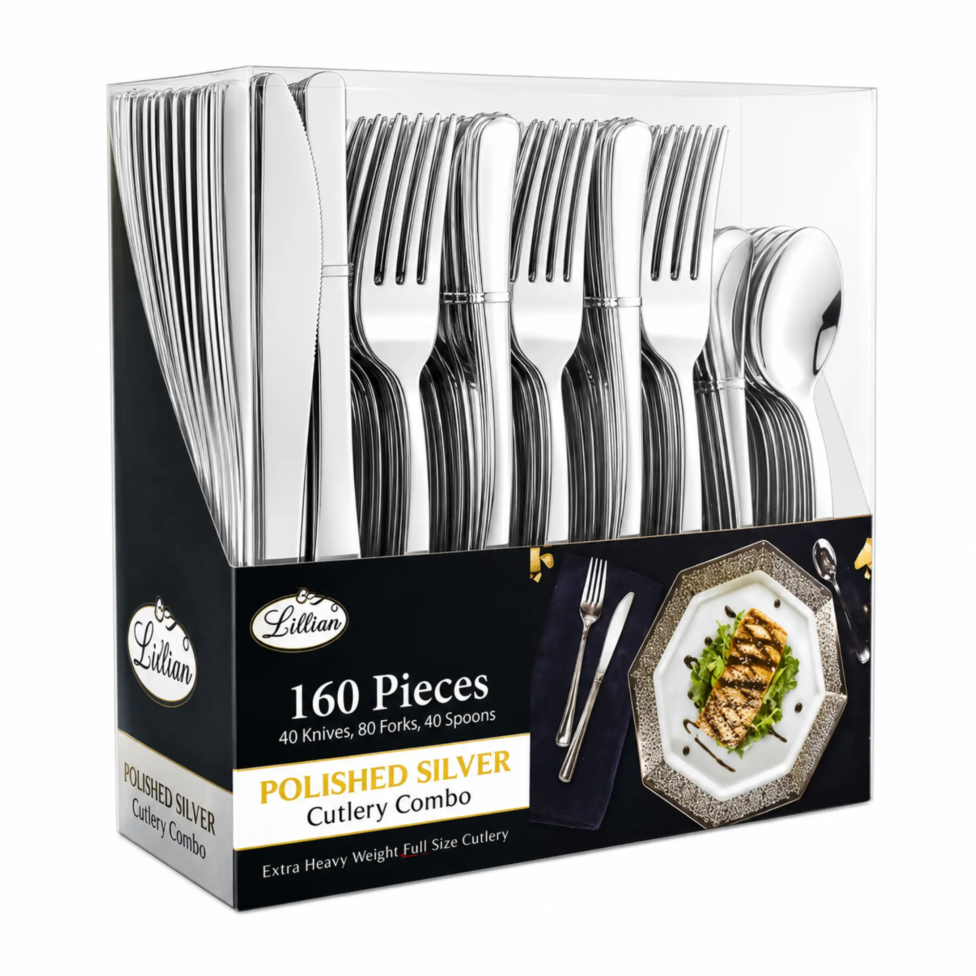 VeZee Lilian 160 Piece Silver Heavyweight Plastic Cutlery Combo Pack | Premium Disposable 80 Forks, 40 Knives & 40 Spoons Set | Upscale Party, Wedding, Catering & Event Silverware Set | Value Pack