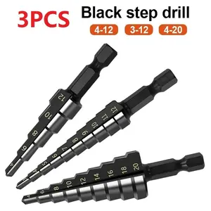 3-Piece Set Hss Nitride Coated Step Drill Bits, Suitable for Plastic Wood Metal Plates Aluminum Hole Drilling, Metric Sizes 4-12mm 3-12mm 4-20mm