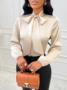 Women's Satin Casual Long Sleeve Shirt Collar Tie Knot Design, Summer Woven Fabric Thin Fitted Top Blouse for Women Daily Wear