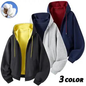 EKF Men’s Cotton Hooded Zip-Up Jacket with Two-Tone Lining | Dual-tone contrast lining adds a stylish vibe; ideal for spring/autumn campus wear and casual street skateboarding.