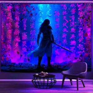 1 Piece Oriental Samurai Rune-Glow under Fluorescent Lamp-Banner Tapestry, Large Size Fluorescent Printing Hanging Cloth, Bedroom Aesthetic Hanging Tapestry for Party Celebration, Bedroom Office Living Room, Home Decoration, Fabric Wall Decoration, instal