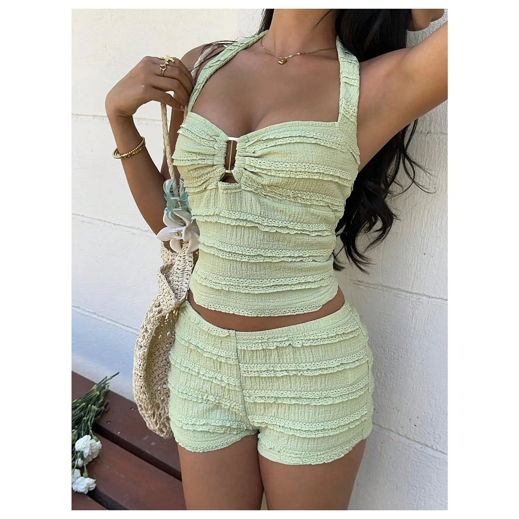 Women's Summer Vacation Short Set Textured Halter Crop Top Mini Shorts Two Piece Going Out Outfits